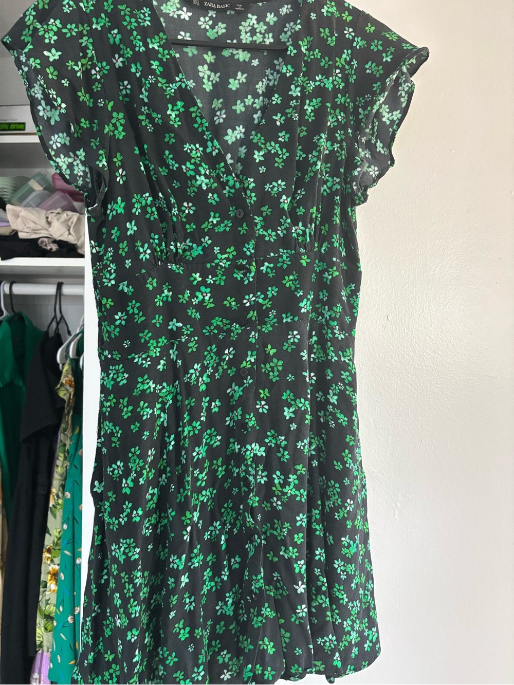 Zara Black Dress with Green Floral Print